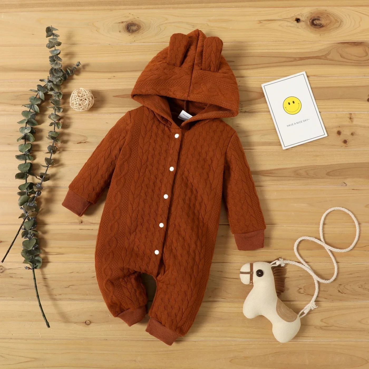 Hooded Baby Romper with Ears (0–18M)